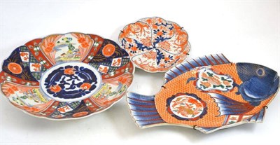 Lot 294 - Japanese Imari decorated fish shaped dish, an Imari charger and another smaller