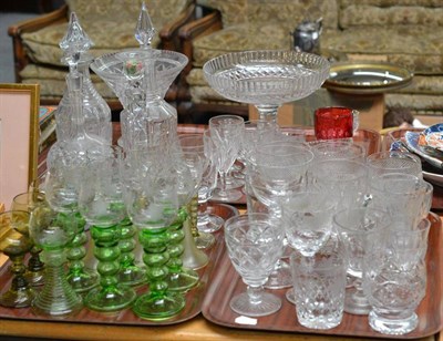 Lot 295 - Four trays of assorted drinking glasses, decanters, comport, ruby flash, etc