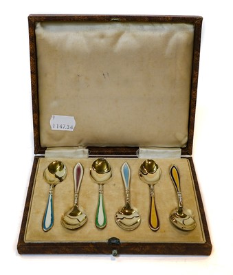 Lot 309 - Cased set of six silver gilt and enamelled...