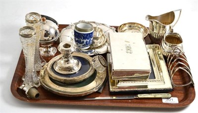 Lot 301 - Quantity of assorted silver plate, pair of vases with silver rims, two silver photograph frames and