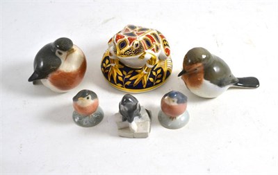 Lot 303 - Four Danish bird ornaments, a figure of a mouse and a Royal Crown Derby frog paperweight