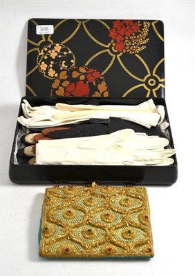 Lot 306 - A lacquered box, quantity of gloves, pair of early 20th century glove stretchers and a lady's...