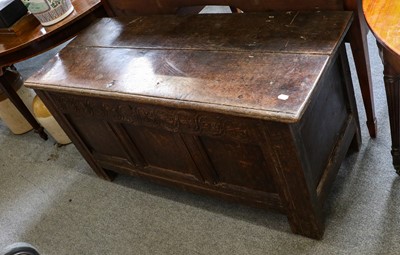 Lot 1198 - An 18th century oak three panel coffer, 133cm...