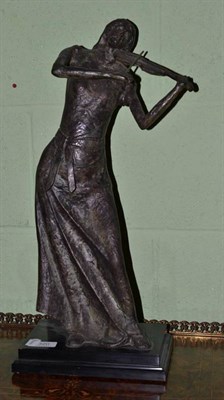 Lot 320 - A patinated bronze figure, modelled as a female violinist, stamped in cast K.Y.Z, on a black...