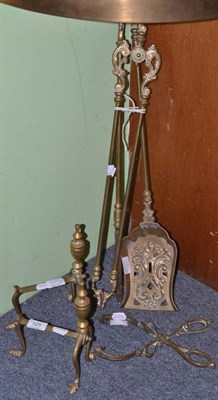 Lot 325 - Set of three brass fire irons, a pair of coal tongs and a pair of andirons