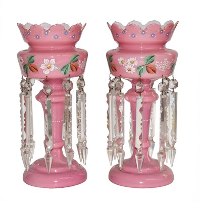 Lot 156 - A pair of Victorian floral painted pink glass...