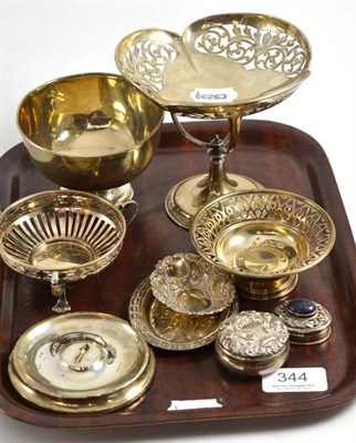 Lot 344 - A silver small bowl, pierced silver pedestal bowl, two small pierced bowls, two pin trays and...