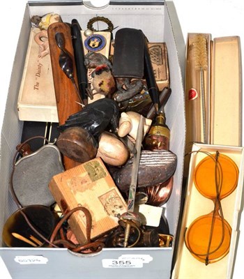 Lot 355 - Assorted collectables, costume jewellery, pen knives, small copper shot flask, carved animal...