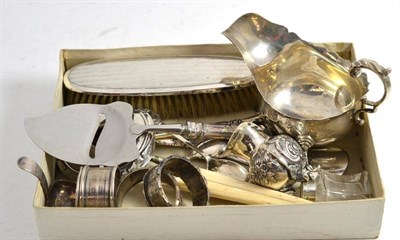 Lot 356 - Silver sauce boat, silver mounted brush, shoe horn, button hook, napkin rings etc