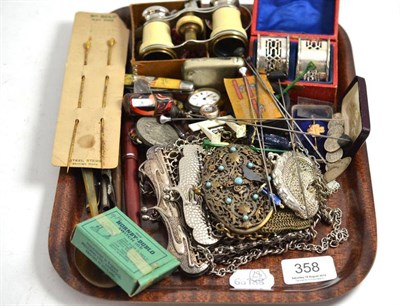 Lot 358 - Assorted collectables including pens, fountain pens, mesh purses, hat pins, jewellery, pair of...