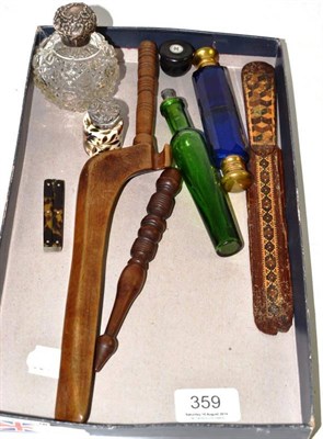 Lot 359 - Treen knitting sheath, bodkin, double ended blue glass scent with brass mounts, two scent...