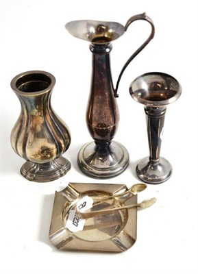 Lot 360 - Silver ash tray, sugar tongs, two vases and a jug