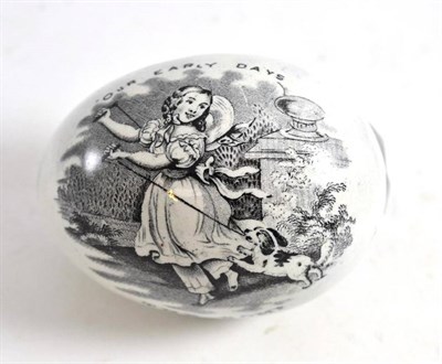 Lot 361 - Victorian pottery egg transfer printed with scenes titled Our Early Days, initialled J H