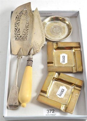 Lot 372 - A fish slice, cake trowel, pair of silver ashtrays and sterling silver pin tray