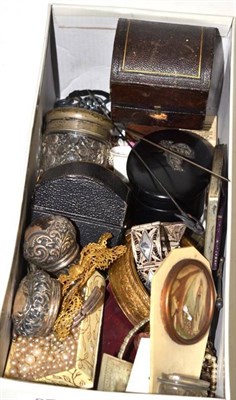 Lot 374 - Three silver hat pins, assorted costume and other jewellery, silver bottle tops, leather cases...