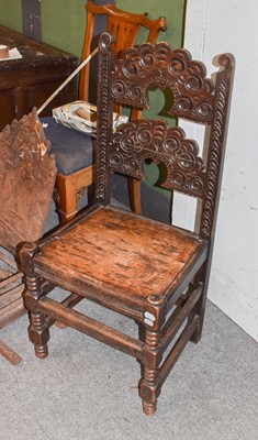 Lot 1353 - A 17th century oak crescent back chair, 46cm...