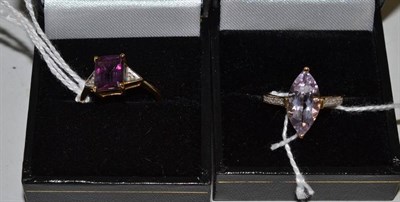 Lot 376 - A 9ct gold foil backed topaz and diamond ring, and a 9ct gold rose quartz and diamond ring