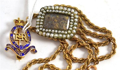 Lot 379 - A mourning brooch set with split pearls, a 9ct gold enamel brooch for the Royal Horse Artillery and