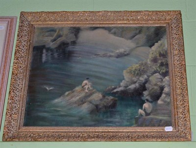 Lot 391 - English School, circa 1930, swimmers on sea rocks, oil