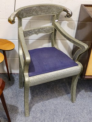 Lot 1303 - A pair of modern silver chairs with rams head...