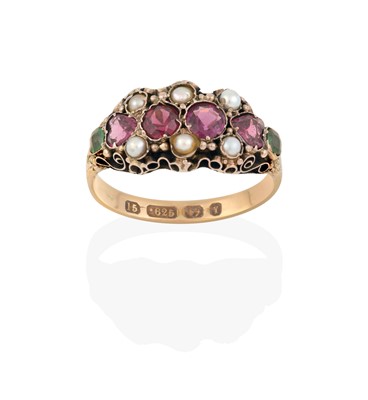 Lot 2294 - A 15 Carat Gold Split Pearl, Garnet and Emerald Ring