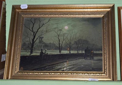 Lot 400 - Framed oil on canvas, figures beside a moonlit river, signed W Meegan