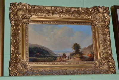 Lot 407 - 19th century oil on board, figures on a country path with a cottage in the background, in a...