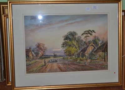 Lot 411 - Framed watercolour sheep on a country land by a cottage signed E Nevil, framed watercolour of...