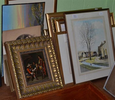 Lot 413 - Three Indian watercolours framed as one and assorted framed and unframed watercolours, pencil...