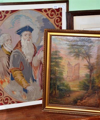 Lot 416 - A framed oil of a castle ruin (a.f.) and a framed tapestry of the Three Martyrs Cranmer,...