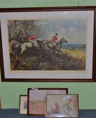 Lot 421 - A large modern framed hunting print, a set of four framed hunting prints after Aldin and three...