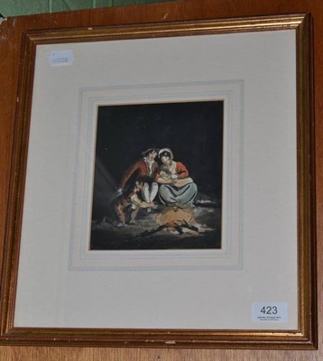 Lot 423 - Scottish gouache, family by camp fire