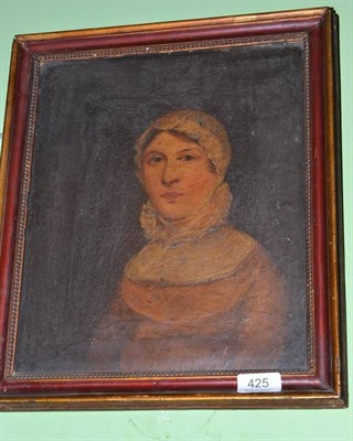 Lot 425 - English primitive school, circa 1790, portrait of a young woman, oil on canvas