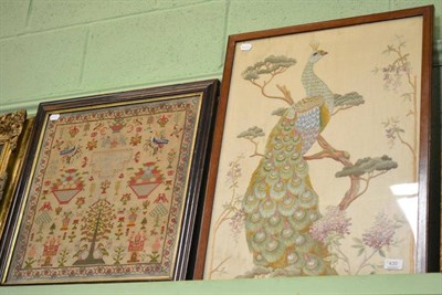 Lot 430 - Framed woolwork sampler worked by Anne Parker dated 1863 together with a silk embroidered...