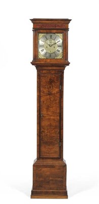 Lot 1070 - A Walnut Eight Day Longcase Clock, flat top pediment, veneered trunk door with moulded borders,...