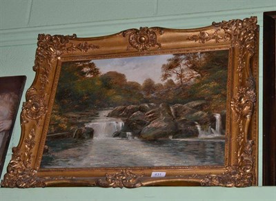 Lot 431 - Follower of Edmund Gill, waterfall scene, oil on board