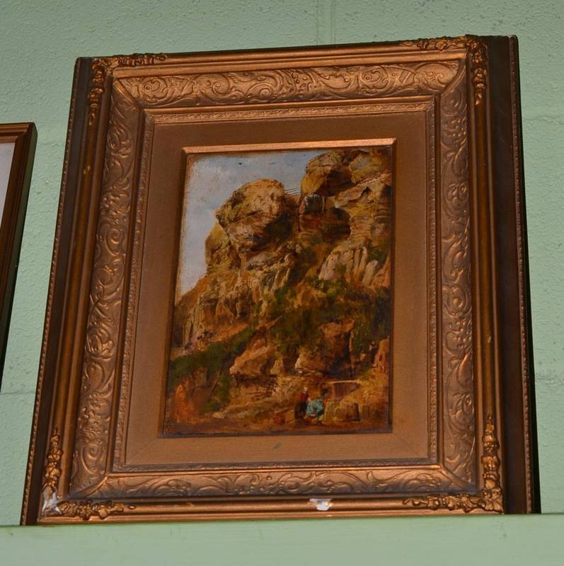 Lot 433 - British School (Late 19th century) Figures by caves before a rockface, bears Ackerman and Co. label