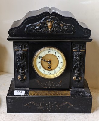 Lot 355 - A Victorian black slate mantel timepiece,...