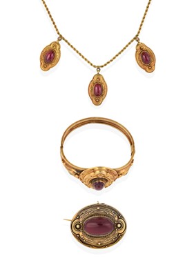 Lot 2296 - A Carbuncle Garnet Necklace, Brooch and Hinged Bangle Suite