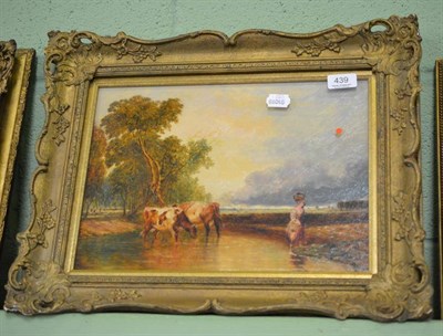 Lot 439 - 19th century oil on canvas, 'The Ford' cattle watering by Thomas Morris Ash, in a gilt frame