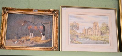 Lot 441 - Modern gilt framed oil on canvas, horse and chickens in a stable interior; and two limited...