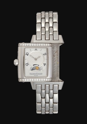 Lot 2183 - Jaeger LeCoultre: A Lady's Stainless Steel Night and Day Reverso Wristwatch