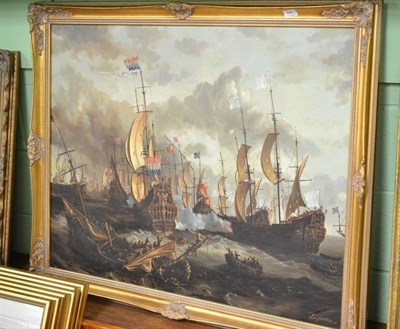 Lot 446 - A large modern framed oil on canvas of galleons at war, signed E Ponthier, in a modern frame