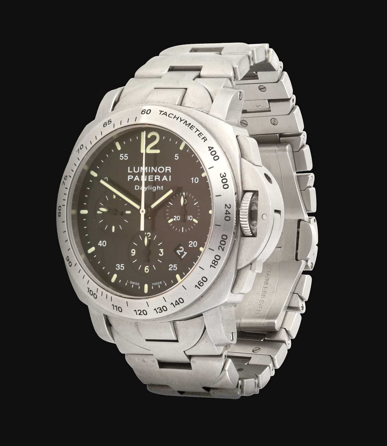 Lot 2225 - Officine Panerai: A Stainless Steel Limited Edition Automatic Calendar Chronograph Wristwatch