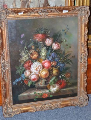 Lot 447 - A large oil on board still life of flowers indistinctly signed with a hand written message to...