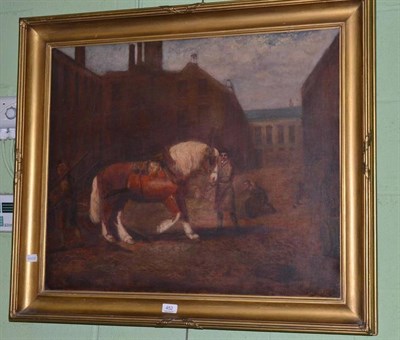 Lot 452 - Gilt framed oil on canvas of a cart horse in a market square, follower of G. Morland