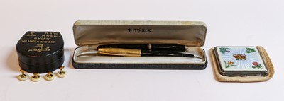 Lot 274 - A collection of five pens, enamel compact case...