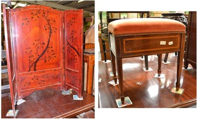 Lot 483 - Small Japanese three fold screen and an Edwardian inlaid piano stool