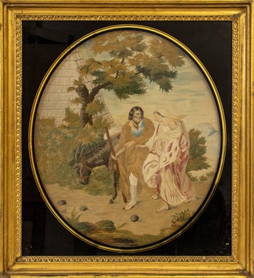 Lot 82 - A Pair of Regency Silk Pictures, of oval form,...
