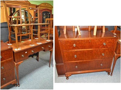 Lot 489 - Mahogany three drawer chest of drawers, mahogany dressing table and a pair of bedroom chairs (4)